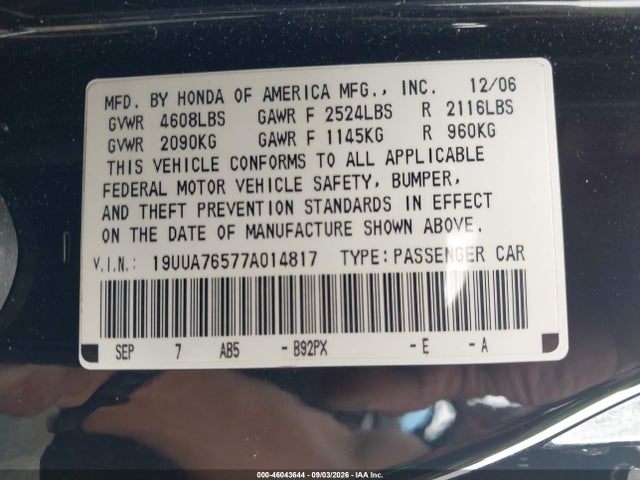 46043644 :رقم المزاد ، 19UUA76577A014817 vin ، 2007 Acura Tl Type S مزاد بيع