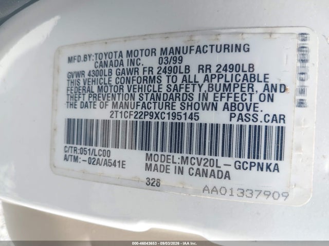 1999 Toyota Camry Solara Sle მანქანა იყიდება აუქციონზე, vin: 2T1CF22P9XC195145, აუქციონის ნომერი: 46043653