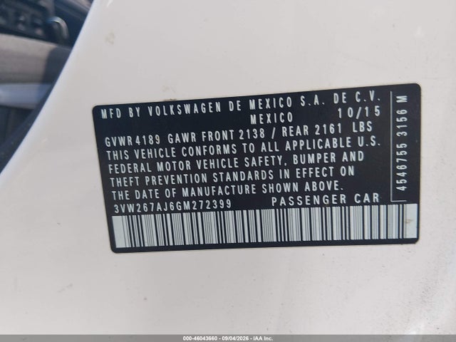 2016 Volkswagen Jetta 1.4t S მანქანა იყიდება აუქციონზე, vin: 3VW267AJ6GM272399, აუქციონის ნომერი: 46043660