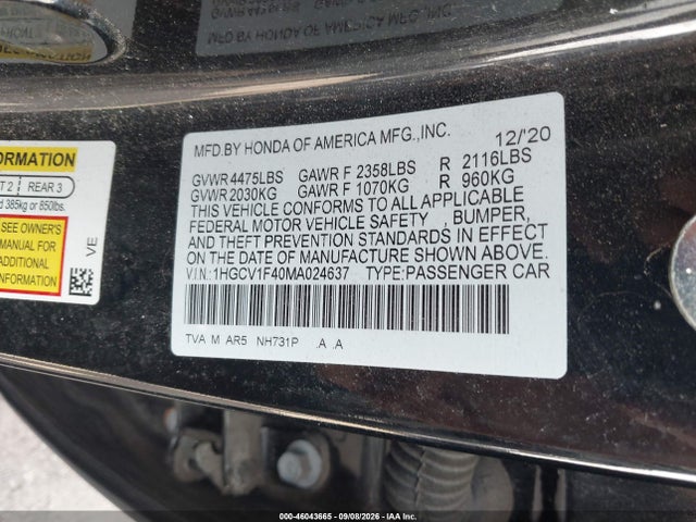 Aukcja sprzedaży 2021 Honda Accord Sport Special Edition, vin: 1HGCV1F40MA024637, numer aukcji: 46043665
