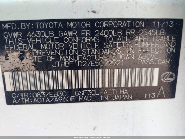 Продаж на аукціоні авто 2014 Lexus Is 250, vin: JTHBF1D27E5022921, номер лоту: 46043676