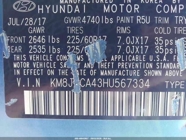 46043687 :رقم المزاد ، KM8J3CA43HU567334 vin ، 2017 Hyundai Tucson Se مزاد بيع