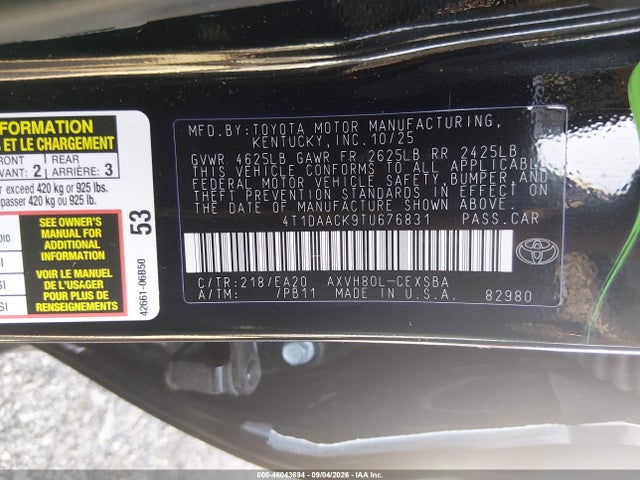 Продаж на аукціоні авто 2026 Toyota Camry Nightshade, vin: 4T1DAACK9TU676831, номер лоту: 46043694