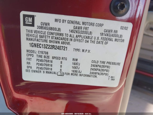 Продаж на аукціоні авто 2002 Chevrolet Tahoe Lt, vin: 1GNEC13Z22R240721, номер лоту: 46043698