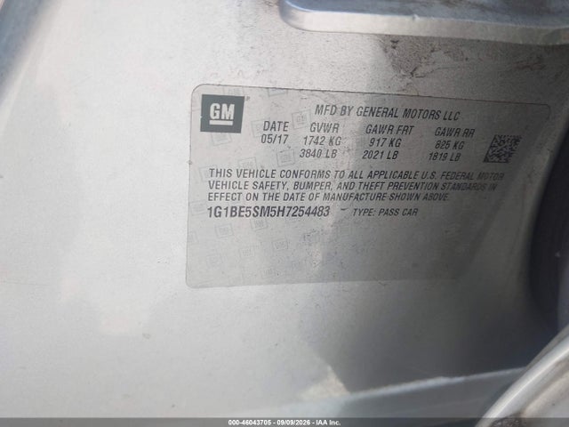 2017 Chevrolet Cruze Lt Auto მანქანა იყიდება აუქციონზე, vin: 1G1BE5SM5H7254483, აუქციონის ნომერი: 46043705