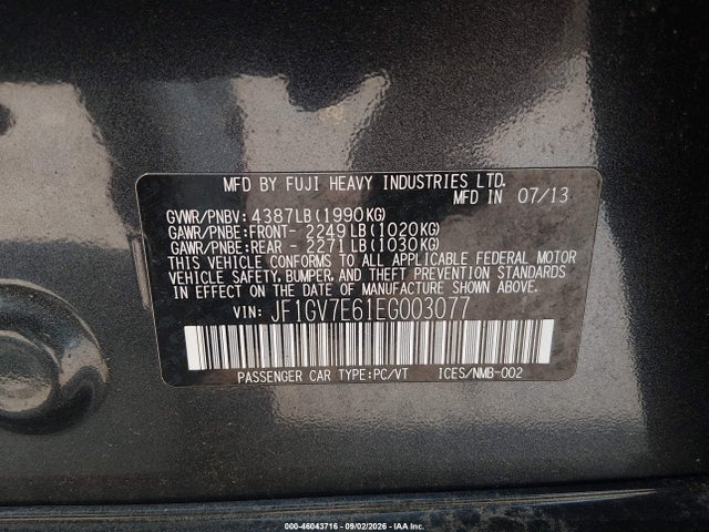 46043716 :رقم المزاد ، JF1GV7E61EG003077 vin ، 2014 Subaru Impreza Wrx مزاد بيع