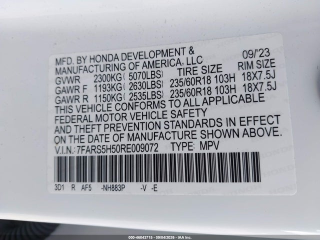 46043715 :رقم المزاد ، 7FARS5H50RE009072 vin ، 2024 Honda Cr-v Hybrid Sport مزاد بيع