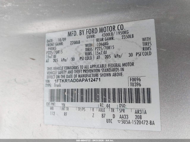 Aukcja sprzedaży 2010 Ford Ranger Xl/xlt, vin: 1FTKR1AD0APA12471, numer aukcji: 46043722