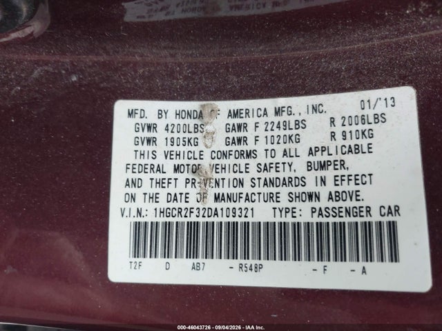 2013 Honda Accord Lx მანქანა იყიდება აუქციონზე, vin: 1HGCR2F32DA109321, აუქციონის ნომერი: 46043726
