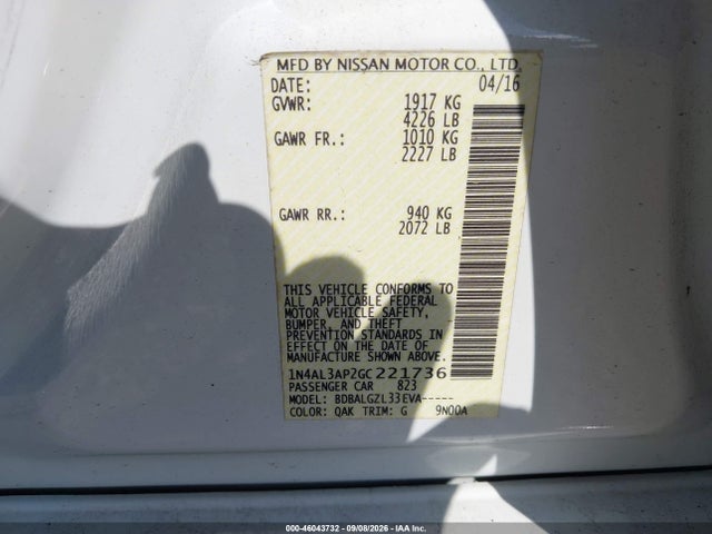 2016 Nissan Altima 2.5/2.5 S/2.5 Sl/2.5 Sr/2.5 Sv მანქანა იყიდება აუქციონზე, vin: 1N4AL3AP2GC221736, აუქციონის ნომერი: 46043732
