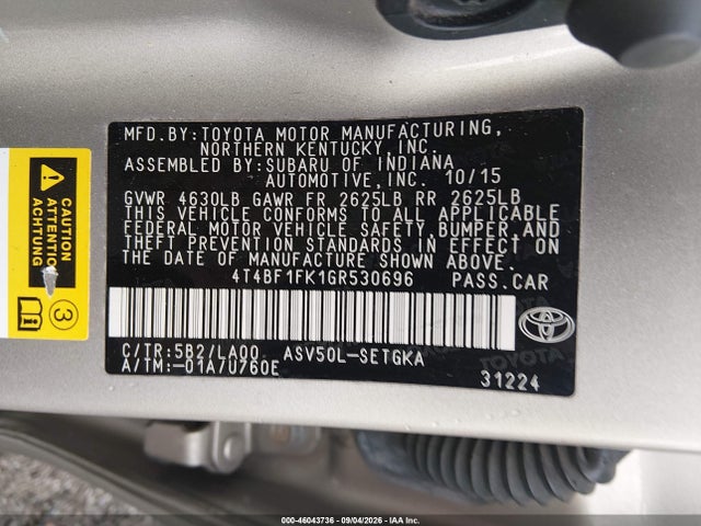 Продажа на аукционе авто 2016 Toyota Camry Xle, vin: 4T4BF1FK1GR530696, номер лота: 46043736