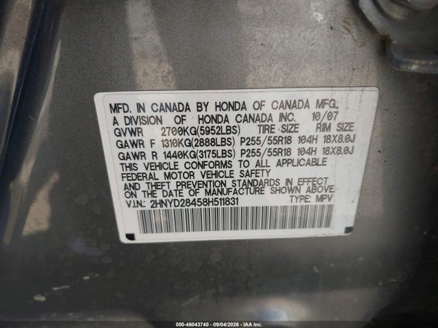 Aukcja sprzedaży 2008 Acura Mdx Technology Package, vin: 2HNYD28458H511831, numer aukcji: 46043740