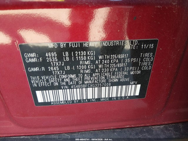 Aukcja sprzedaży 2016 Subaru Outback 2.5i Premium, vin: 4S4BSBFCXG3257008, numer aukcji: 46043741