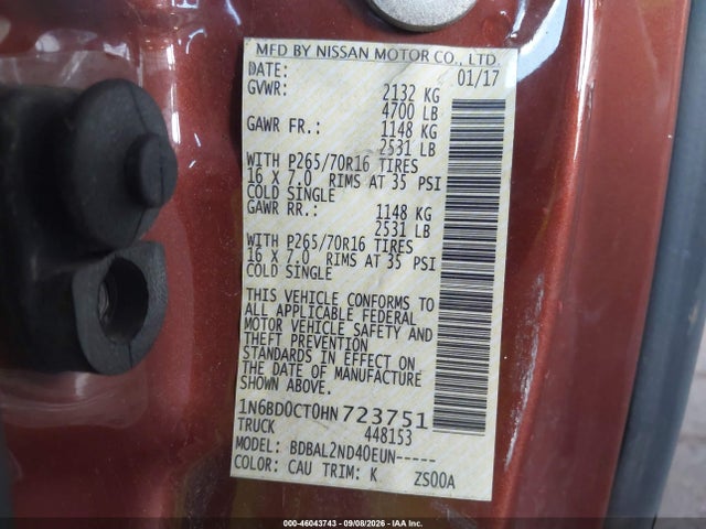 Aukcja sprzedaży 2017 Nissan Frontier Sv-i4, vin: 1N6BD0CT0HN723751, numer aukcji: 46043743
