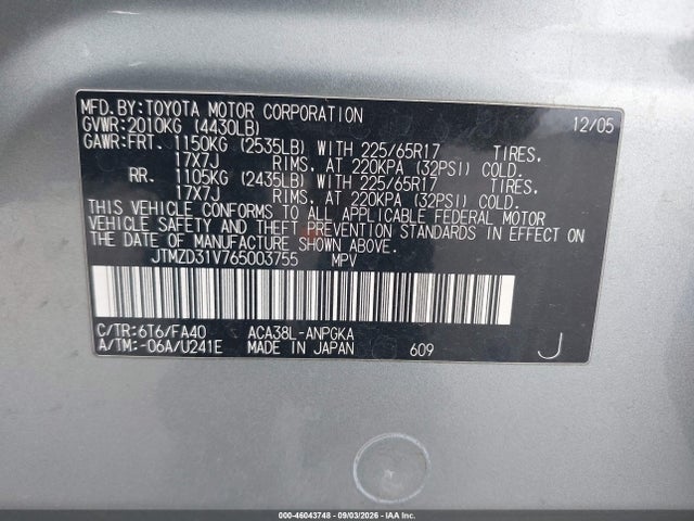 46043748 :رقم المزاد ، JTMZD31V765003755 vin ، 2006 Toyota Rav4 Limited مزاد بيع