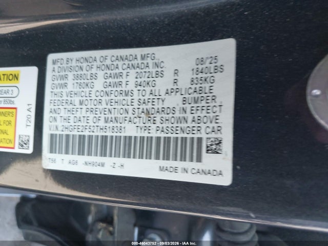 Honda Civic Sport 2026 2HGFE2F52TH518381 Image 9