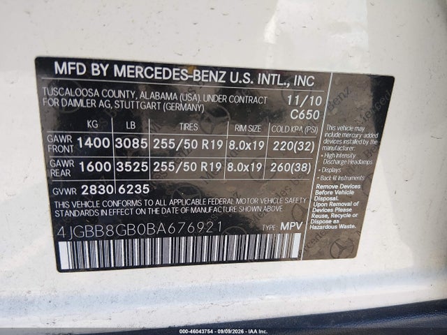 46043754 :رقم المزاد ، 4JGBB8GB0BA676921 vin ، 2011 Mercedes-benz Ml 350 4matic مزاد بيع
