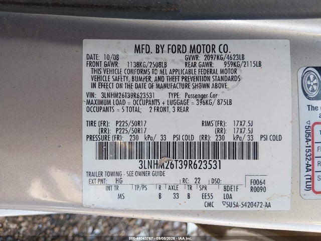 Продажа на аукционе авто 2009 Lincoln Mkz, vin: 3LNHM26T39R623531, номер лота: 46043767
