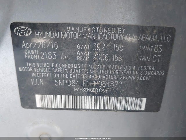 2017 Hyundai Elantra Limited მანქანა იყიდება აუქციონზე, vin: 5NPD84LF1HH064872, აუქციონის ნომერი: 46043768