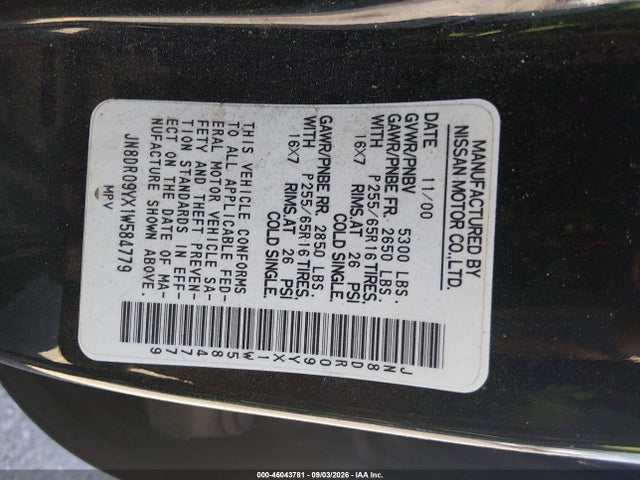 46043781 :رقم المزاد ، JN8DR09YX1W584779 vin ، 2001 Nissan Pathfinder Le مزاد بيع