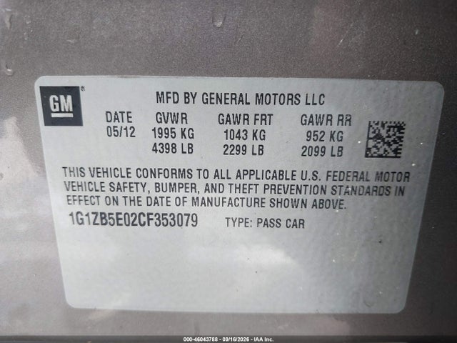 Aukcja sprzedaży 2012 Chevrolet Malibu Ls, vin: 1G1ZB5E02CF353079, numer aukcji: 46043788