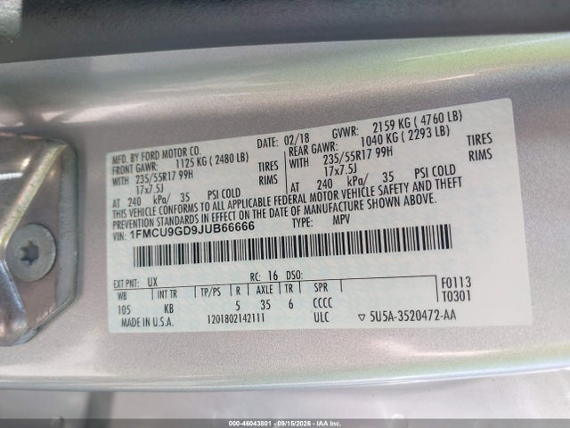 Продажа на аукционе авто 2018 Ford Escape Se, vin: 1FMCU9GD9JUB66666, номер лота: 46043801