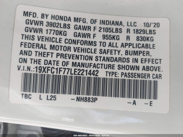 2020 Honda Civic Ex-l მანქანა იყიდება აუქციონზე, vin: 19XFC1F77LE221442, აუქციონის ნომერი: 46043803
