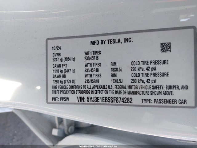 Продаж на аукціоні авто 2025 Tesla Model 3 Long Range All-wheel Drive, vin: 5YJ3E1EB5SF874282, номер лоту: 46043808
