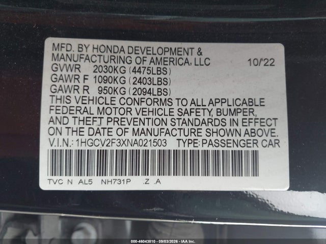 46043810 :رقم المزاد ، 1HGCV2F3XNA021503 vin ، 2022 Honda Accord Sport 2.0t مزاد بيع