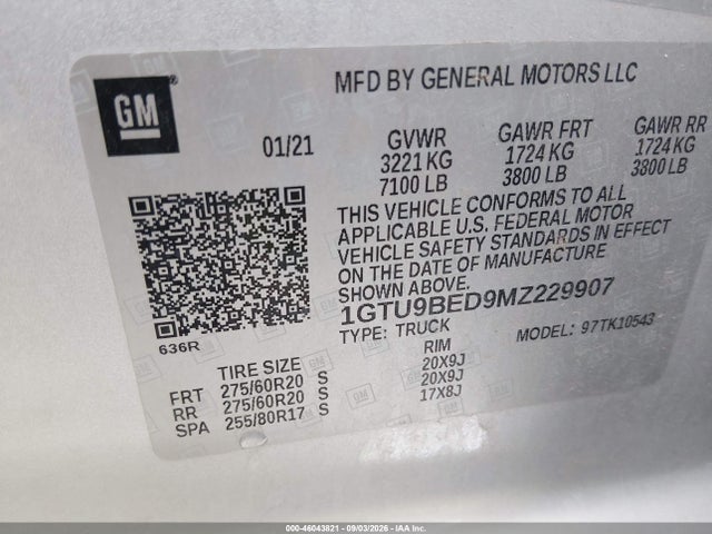 46043821 :رقم المزاد ، 1GTU9BED9MZ229907 vin ، 2021 Gmc Sierra 1500 4wd  Short Box Sle مزاد بيع