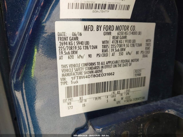 46043826 :رقم المزاد ، 1FT8W4DT8GED31662 vin ، 2016 Ford F-450 Xl مزاد بيع