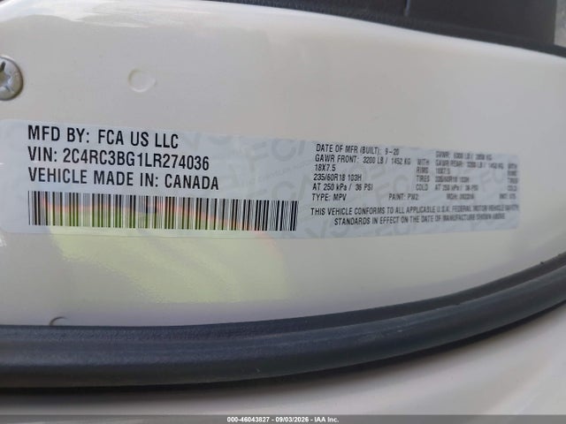 Продаж на аукціоні авто 2020 Chrysler Pacifica Awd Launch Edition, vin: 2C4RC3BG1LR274036, номер лоту: 46043827