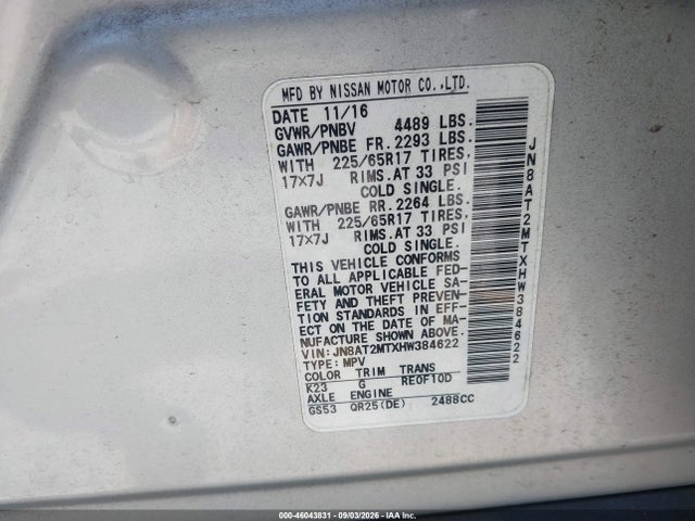 Продажа на аукционе авто 2017 Nissan Rogue S, vin: JN8AT2MTXHW384622, номер лота: 46043831