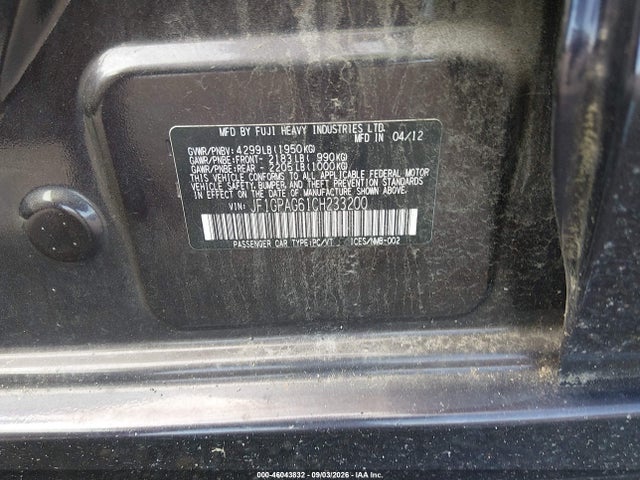 46043832 :رقم المزاد ، JF1GPAG61CH233200 vin ، 2012 Subaru Impreza 2.0i Limited مزاد بيع