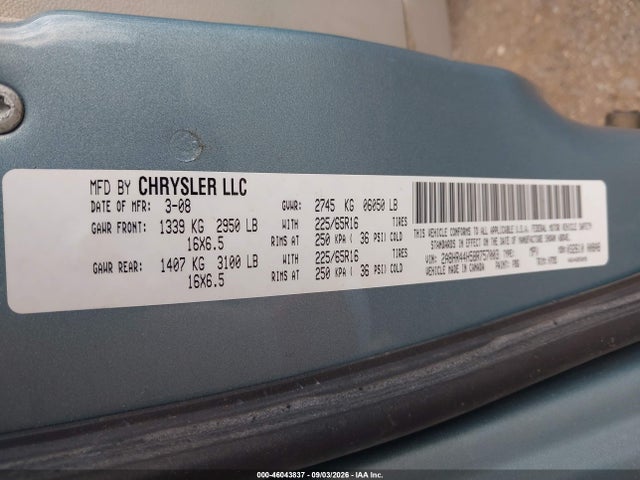 2008 Chrysler Town & Country Lx მანქანა იყიდება აუქციონზე, vin: 2A8HR44H58R757003, აუქციონის ნომერი: 46043837