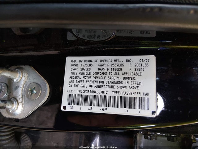 2008 Honda Accord 3.5 Ex მანქანა იყიდება აუქციონზე, vin: 1HGCP36798A007812, აუქციონის ნომერი: 46043845