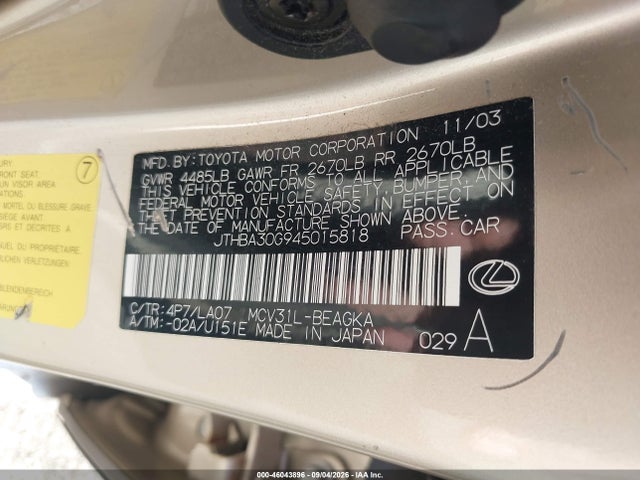 Продажа на аукционе авто 2004 Lexus Es 330, vin: JTHBA30G945015818, номер лота: 46043896