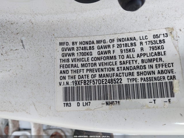 Продажа на аукционе авто 2013 Honda Civic Lx, vin: 19XFB2F57DE248522, номер лота: 46043900