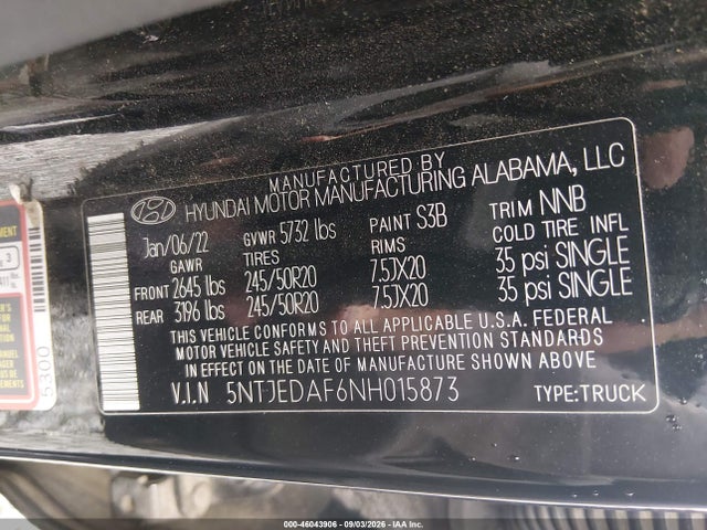 Aukcja sprzedaży 2022 Hyundai Santa Cruz Limited, vin: 5NTJEDAF6NH015873, numer aukcji: 46043906