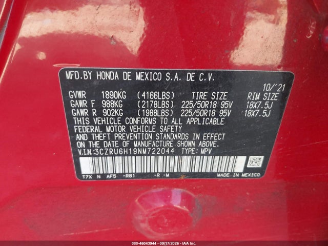 46043944 :رقم المزاد ، 3CZRU6H19NM722044 vin ، 2022 Honda Hr-v Awd Sport مزاد بيع