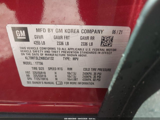 46043946 :رقم المزاد ، KL79MTSL2NB034132 vin ، 2022 Chevrolet Trailblazer Fwd Rs مزاد بيع