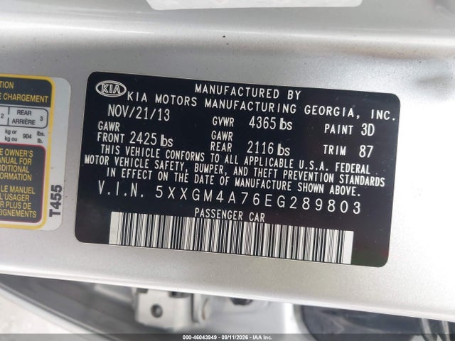 2014 Kia Optima Lx მანქანა იყიდება აუქციონზე, vin: 5XXGM4A76EG289803, აუქციონის ნომერი: 46043949