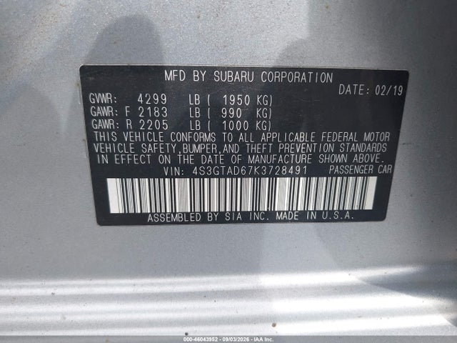 2019 Subaru Impreza 2.0i Premium მანქანა იყიდება აუქციონზე, vin: 4S3GTAD67K3728491, აუქციონის ნომერი: 46043952