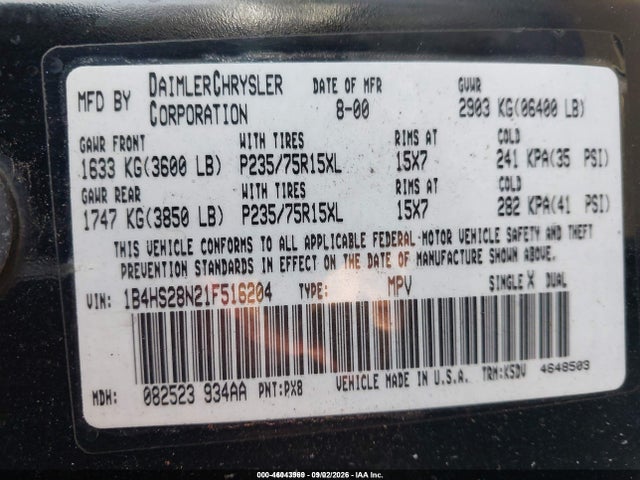 Auction sale of the 2000 Dodge Durango, vin: 1B4HS28Z3YF121252, lot number: 46043969