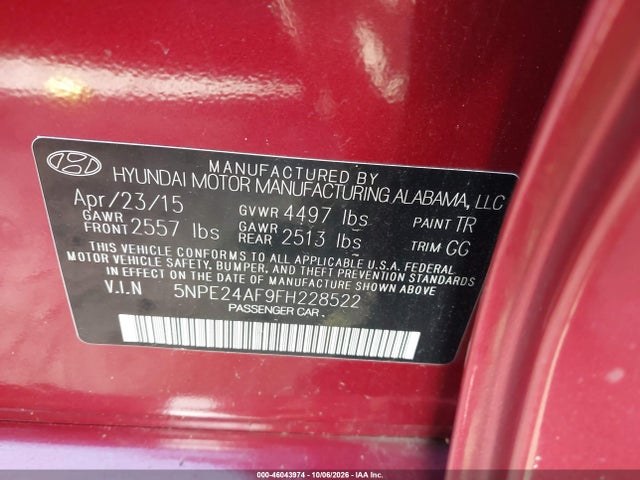 Продажа на аукционе авто 2015 Hyundai Sonata Se, vin: 5NPE24AF9FH228522, номер лота: 46043974