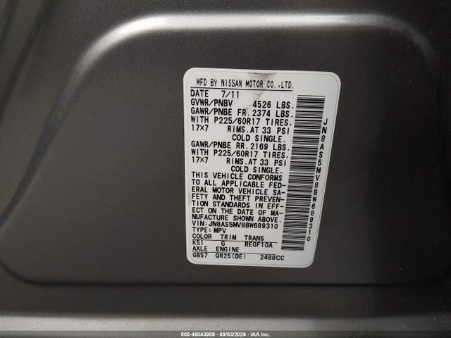46043989 :رقم المزاد ، JN8AS5MV8BW689310 vin ، 2011 Nissan Rogue Sv مزاد بيع