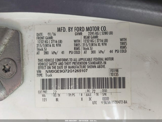 46043991 :رقم المزاد ، NM0GE9G72G1265107 vin ، 2016 Ford Transit Connect Titanium مزاد بيع