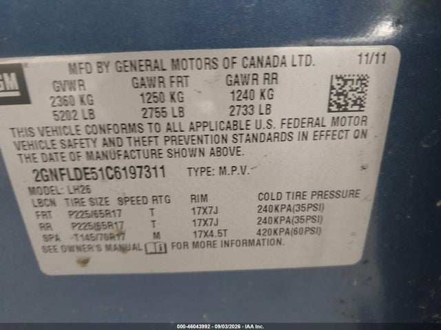 Aukcja sprzedaży 2012 Chevrolet Equinox 1lt, vin: 2GNFLDE51C6197311, numer aukcji: 46043992