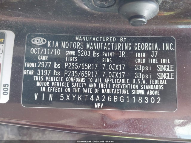 Продажа на аукционе авто 2011 Kia Sorento Lx V6, vin: 5XYKT4A26BG118302, номер лота: 46043996