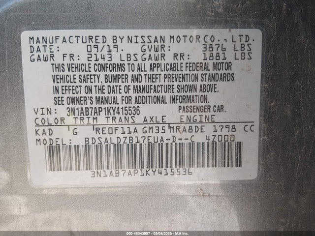Продажа на аукционе авто 2019 Nissan Sentra Sv, vin: 3N1AB7AP1KY415536, номер лота: 46043997